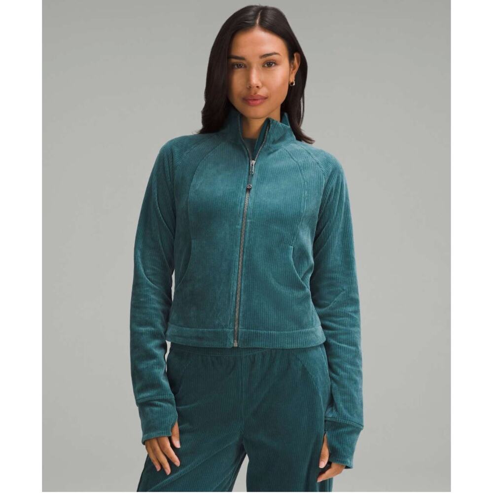 Size 4 S NWT $148 Lululemon Scuba Track Jacket Teal Velvet Cord Storm thumbholes